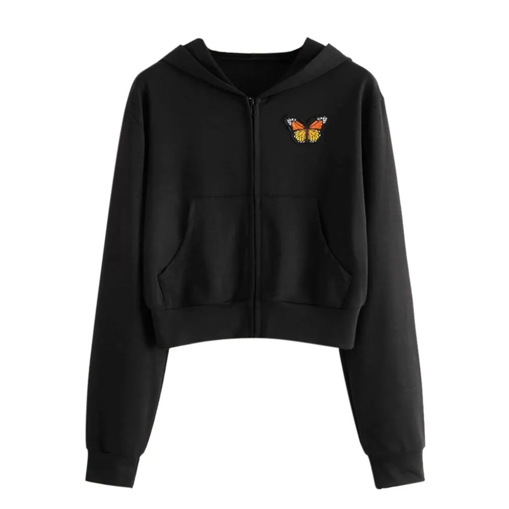 Women's Solid Color Zip Up Hoodie with Butterfly Embroidery